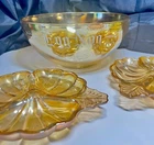 Lot Of 4 Depression Glass~Peach Luster Egg Nog~Amber Candy Dish w/Lid~ 2 Clovers