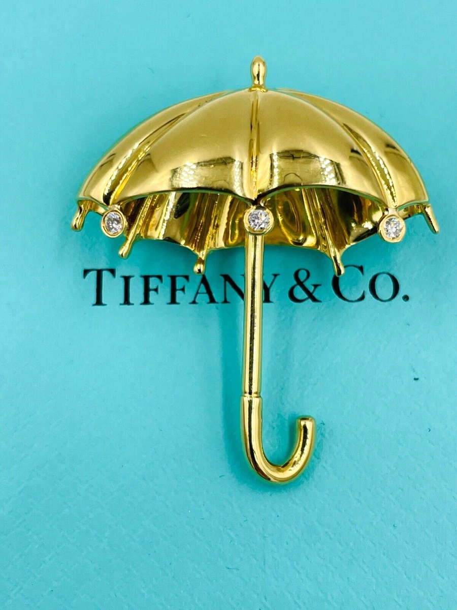 Tiffany Co Large Diamond Umbrella Brooch Pin in 18K Yellow Gold