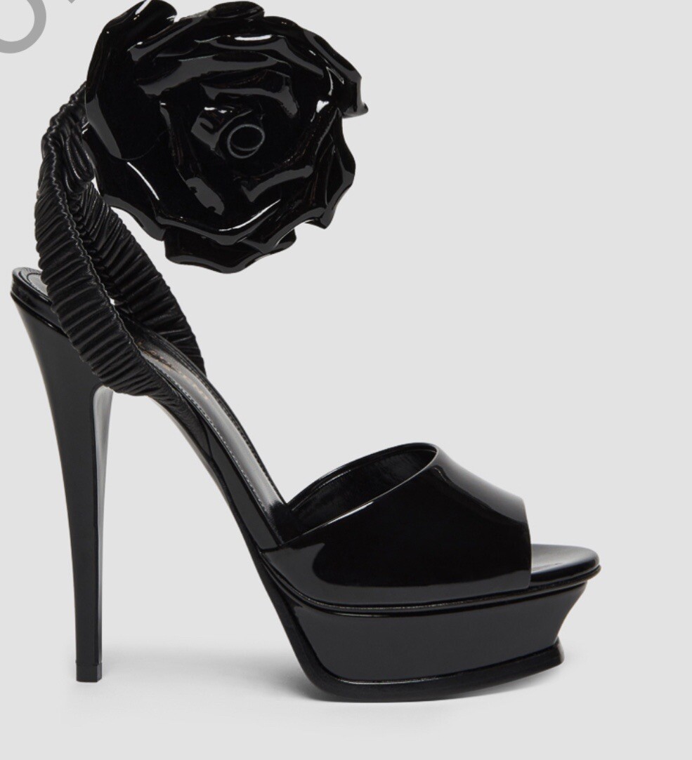 New Saint Laurent Black Patent Leather Rose Ankle Strap Platform