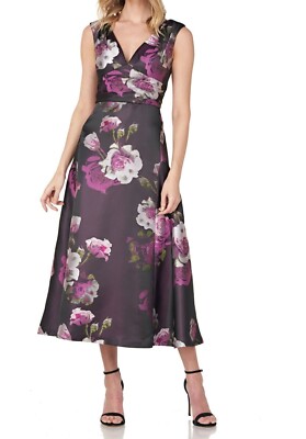 New Kay Unger Vivienne Purple Floral  Flared Dress Size 8
