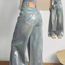 Shiny Wide-leg Jeans Bling High Rise Denim Pants Women Casual Baggy Trousers New