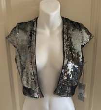 $84 Ret Jennifer Lopez Dark Grey Sequin ~ Cap Sleeved Cropped Jacket/top ~ Small