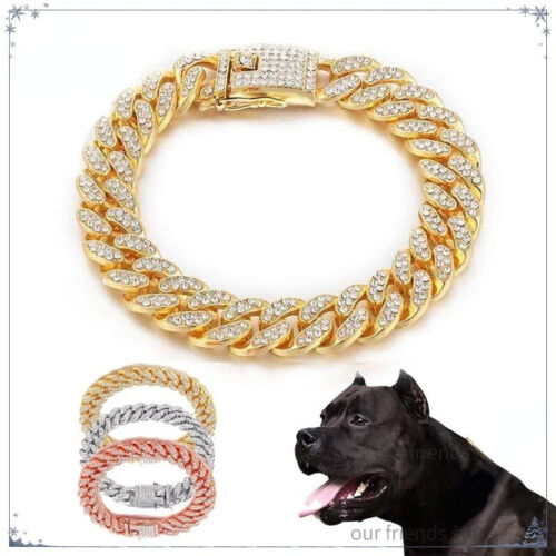Dog Diamond Cuban Chain Gold Shining Rhinestones Collar Pitbull Necklace Chain - Picture 1 of 9