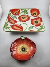 NEW Clay Art Poppies 2 Pc Chip & Dip Tray 16" x 14" Bowl 7.5" Red Orange Ceramic