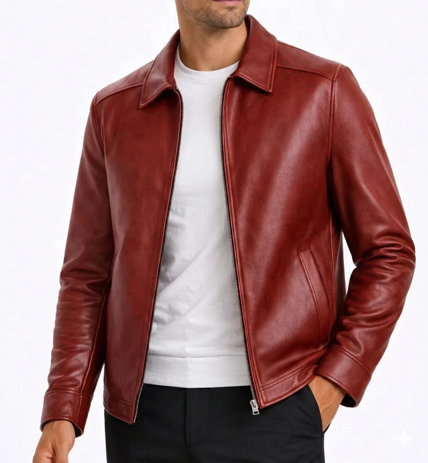Men’s Red Genuine Lambskin Leather Jacket – Classic Zip Front Casual Biker Coat