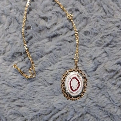 Gold 14k Chain Necklace with Oval Cameo Style Pendant, Red & White