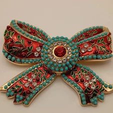 Christmas Brooch Poinsettia Bow Red & Green Enamel Teal Rhinestone Gold Tone