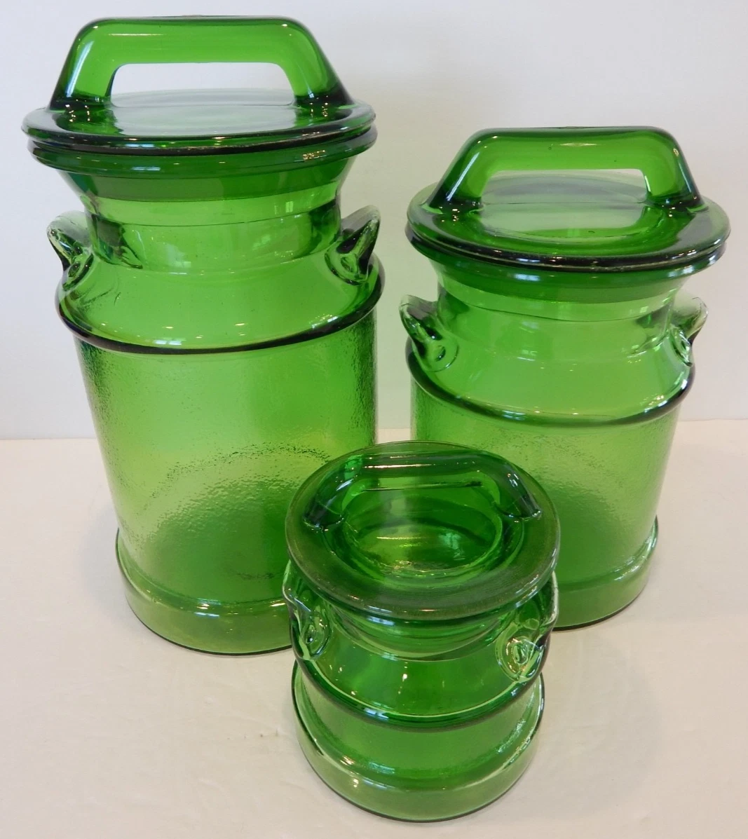 Set of 3 Vintage LE Smith Green Textured Glass Milk Can Canisters With Lids