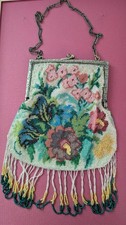 Antique Colorful Floral Micro Beaded Purse With Fringe Germany