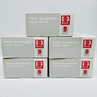 Basic  Vinyl Synthetic Exam Gloves Size S Latex Free 5PK x 100 Gloves