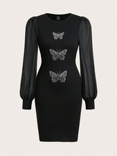 Black Stretch Butterfly Studded Midi Dress Bodycon Long Net Sleeves Size 12 14