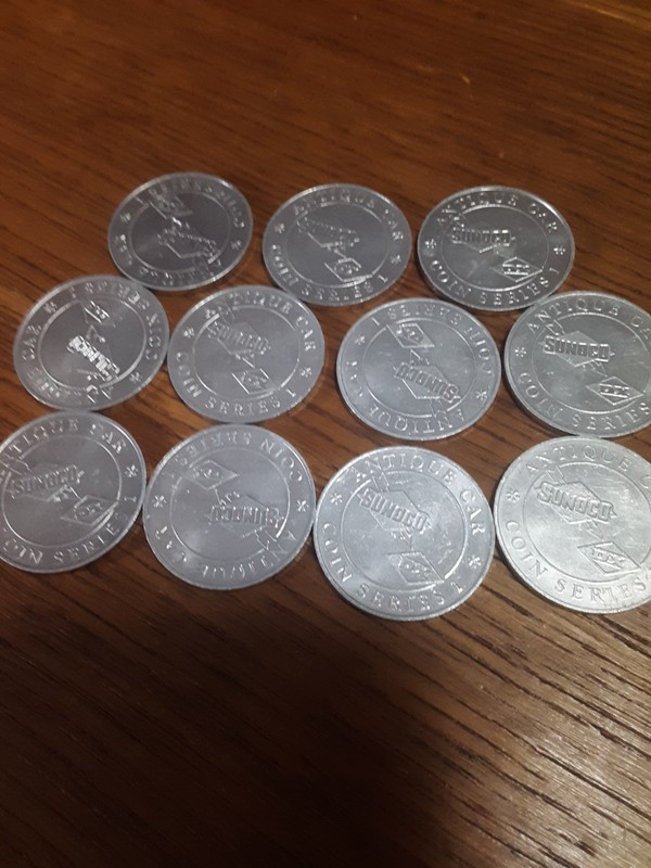 SET OF 11 VINTAGE SUNOCO/DX GASOLINE ANTIQUE CAR COINS SILVER GREAT CONDITION