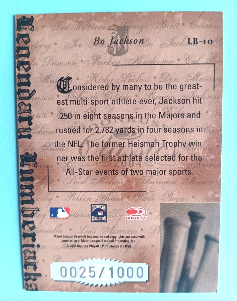 2004 DONRUSS CLASSICS BO JACKSON #LB-10 LEGENDARY LUMBERJACKS #/1000 ROYALS - Image 2 of 2