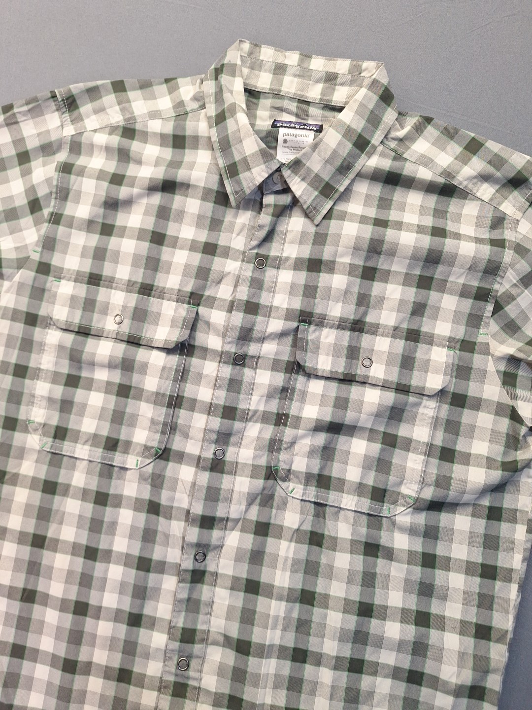 Patagonia El Ray Mens Medium Green Gingham Check Workwear Outdoor Hiking Camping