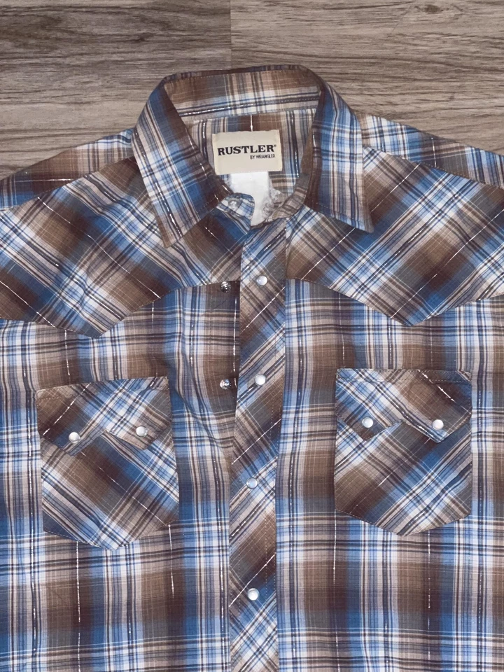 Camisa Rustler Para Hombres Grande Marrón Azul Cuadros Perla Occidental A Presión Manga Corta Vaquero Foto 2 de 4