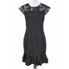 H Halston Dress Womens 8 Black Mesh Embroidered Side Zip Lined Ruffle Hem Party