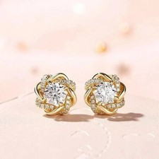 Real Moissanite 2CT Round Cut 14K White Gold Plated Women's Flower Stud Earrings