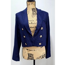 House of Harlow 1960 Blue Linen Cropped Blazer, Wood like Buttons, Sz S