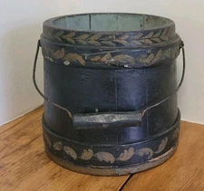 Antique Black Hand Painted Wooden Firkin Sugar Bucket w/Bail 7 1/2" PRIM Decor