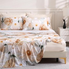Queen Size 6 Piece Gold Painted Flowers Bed Sheet Set Deep Pocket Beige