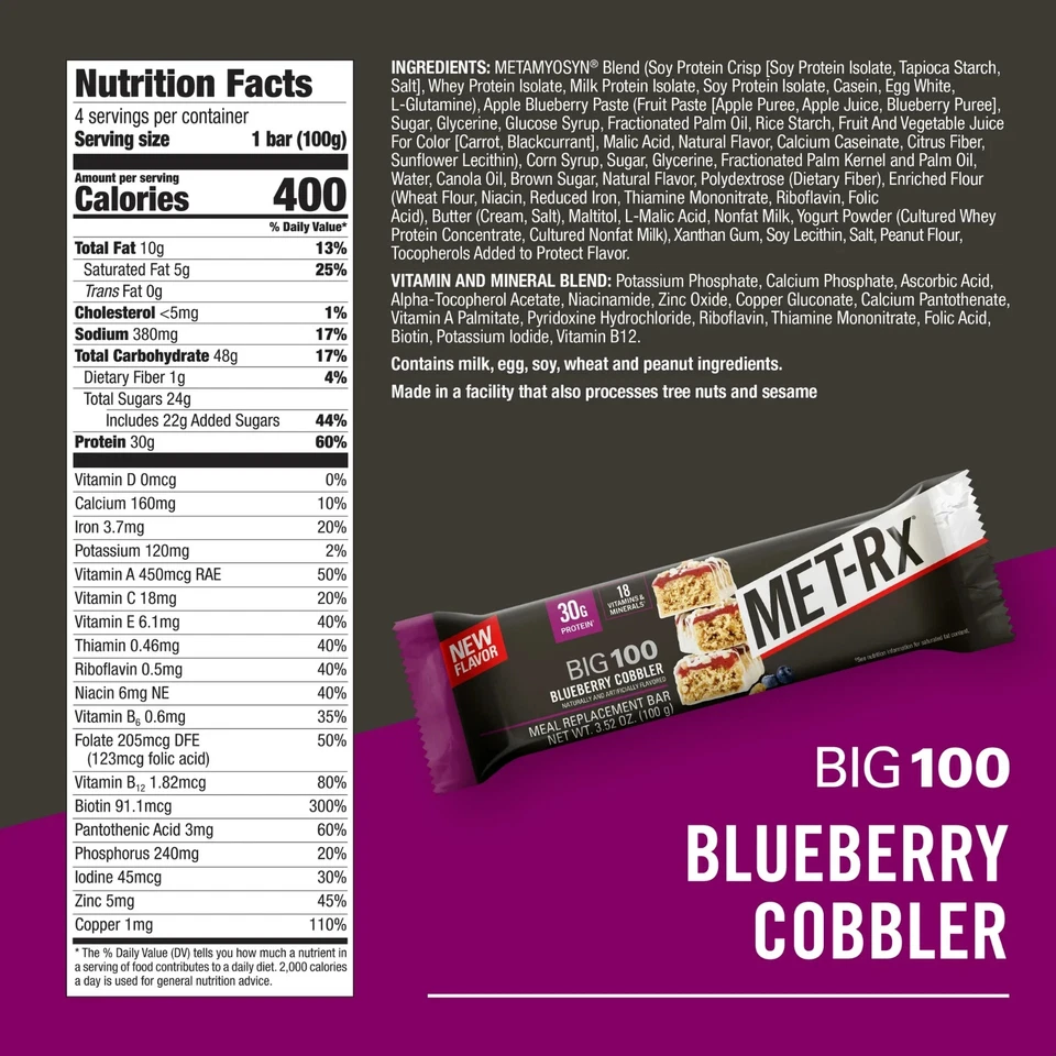 MET-Rx Big 100 Barritas de Proteína, Barras de Repuesto de Comida para Zapatero de Arándanos, 4 Ct Foto 3 de 4