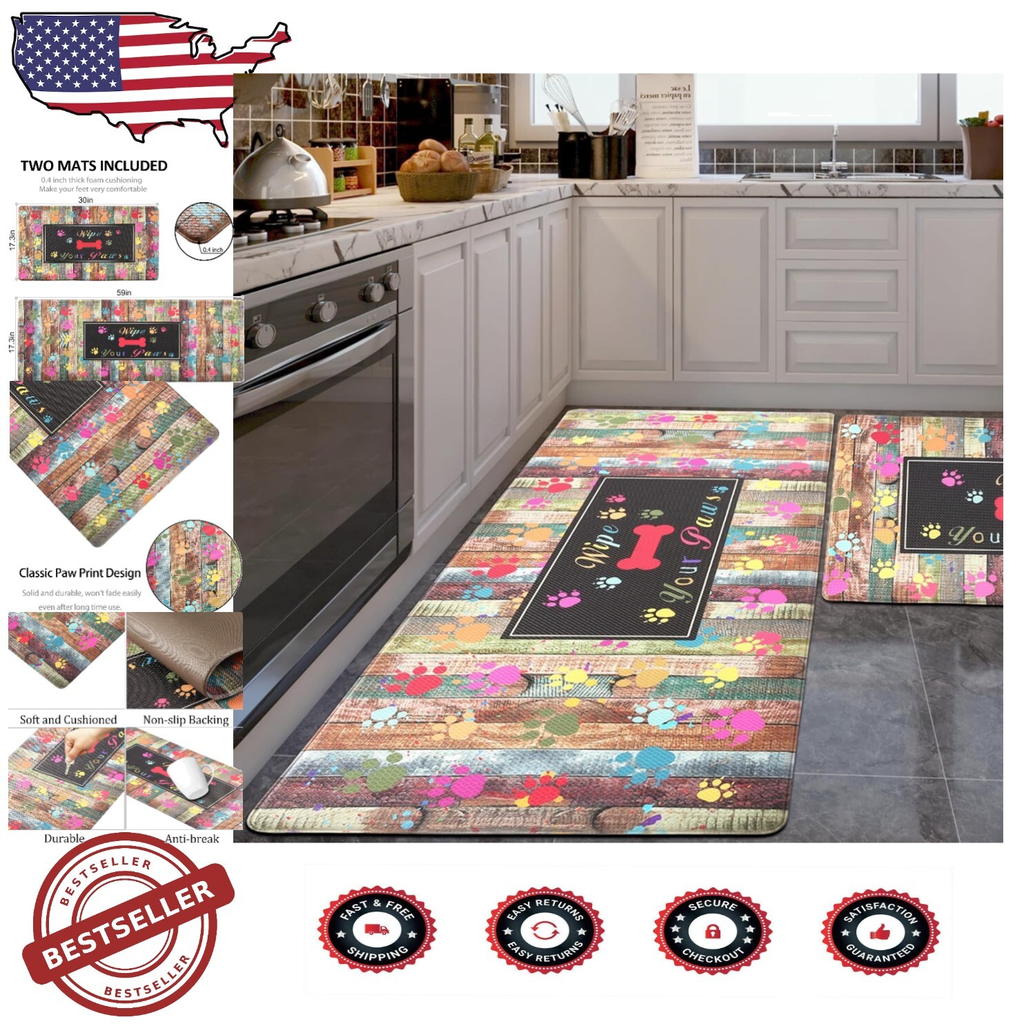 Ergonomic Anti-Fatigue Mats in Puppy Paws Design - Set of 2 for Kitchen & Office