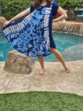 Maya Antonia Hand Tie-Dye Indigo-Blue Umbrella Dress Flowy/Swing/Beach/Boho/Plus