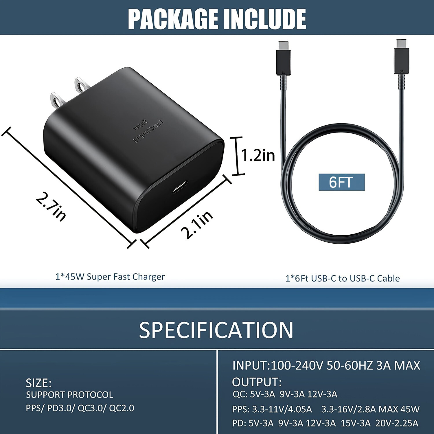 45W Type C USB-C Super Fast Wall PD Charger Cable For Samsung Galaxy S21 S22 S23