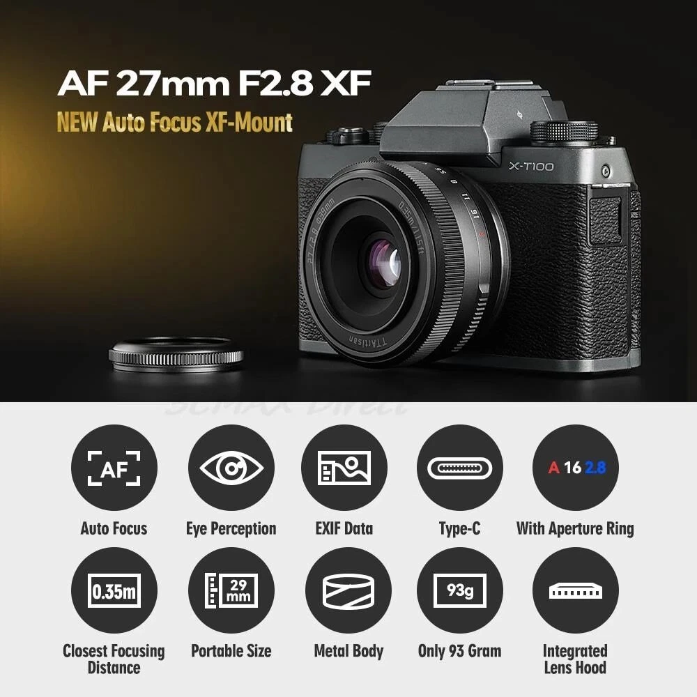 TTartisan 27mm F2.8 AF Lens Black For Fuji X-mount Camera X-T2 X