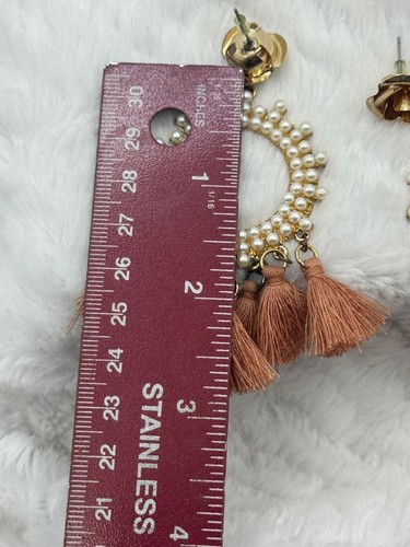 Gold Colored & Pearl StyleTassel Hoop Earrings With Stud Closure - Picture 6 of 6