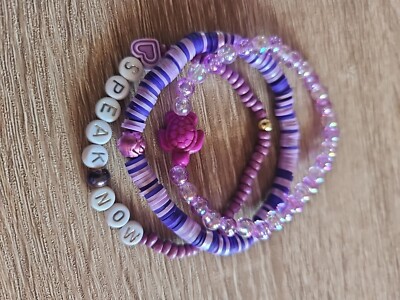 Handmade Purple Turtle Beaded Stretchy Bracelet Set Of 3 Aprox 7''