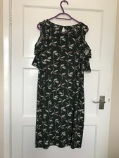 Next Green Bird Crane Print A Line Sleeveless Ruffled Dress UK Size 12