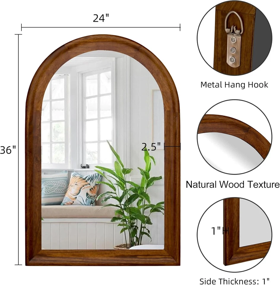 Arched Bathroom Mirror 24X36 Inch, Walnut Brown Wood Framed Arch Mirror for Livi - Image 3 of 4
