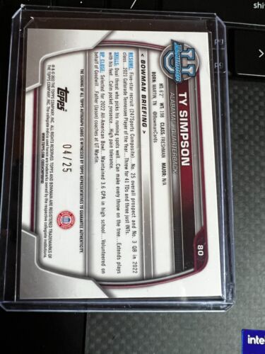 🏈 2022 Bowman Chrome University NARANJA Ty Simpson Auto 4/25 Alabama - Imagen 2 de 2