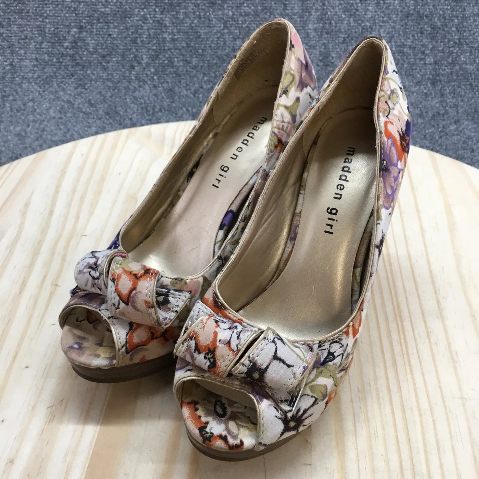 Zapatos de tacón Madden Girl para mujer 7,5 Kiarra arco floral tela multicolor punta abierta Foto 3 de 4