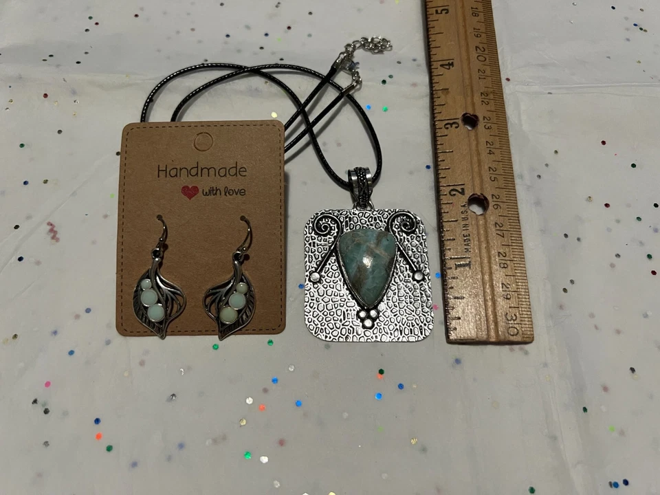 Larimar 925 镀银宝石手工吊坠 + 搪瓷耳环 — 第 2/4 张图片