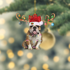 English Bulldog Merry Christmas Ornament, English Bulldog Xmas Lights Ornament