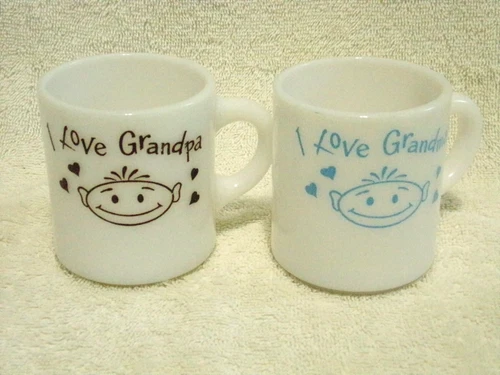 2 Vtg Milk Glass I Love Grandma & I Love Grandpa Mug Cup Set Exc