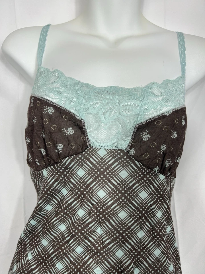 Vestido sin mangas Babydoll largo con ribete de encaje Y2K Preppy delicado marrón a cuadros hada grunge XL Foto 2 de 4