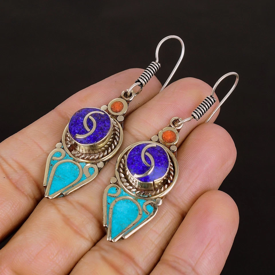 Orecchino nepalese tibetano argento sterling 925 corallo turchese... - Immagine 3 di 4