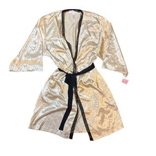 Oscar de la Renta Pink Label Champagne Gold Satin Robe Black Trim Medium Kimono
