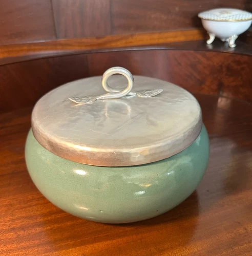 Mid-Cen Modern Ceramic Bowl with Hammered Aluminum Lid, Leaf Handle, Green Glaze