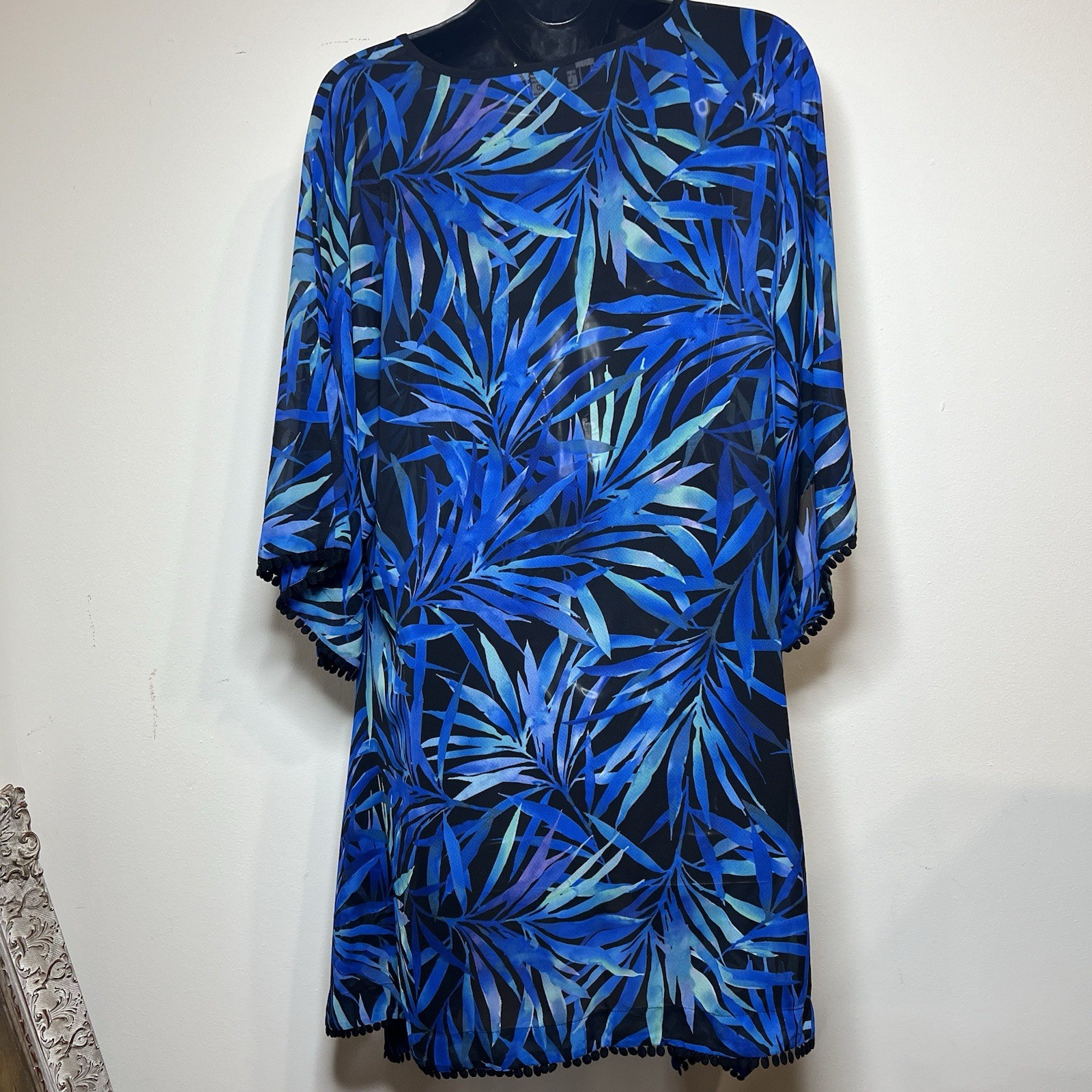 Lands' End X-Small 2-4 Tunic Cover Up Swim Dress Pullover Top Blue Sheer Fringe