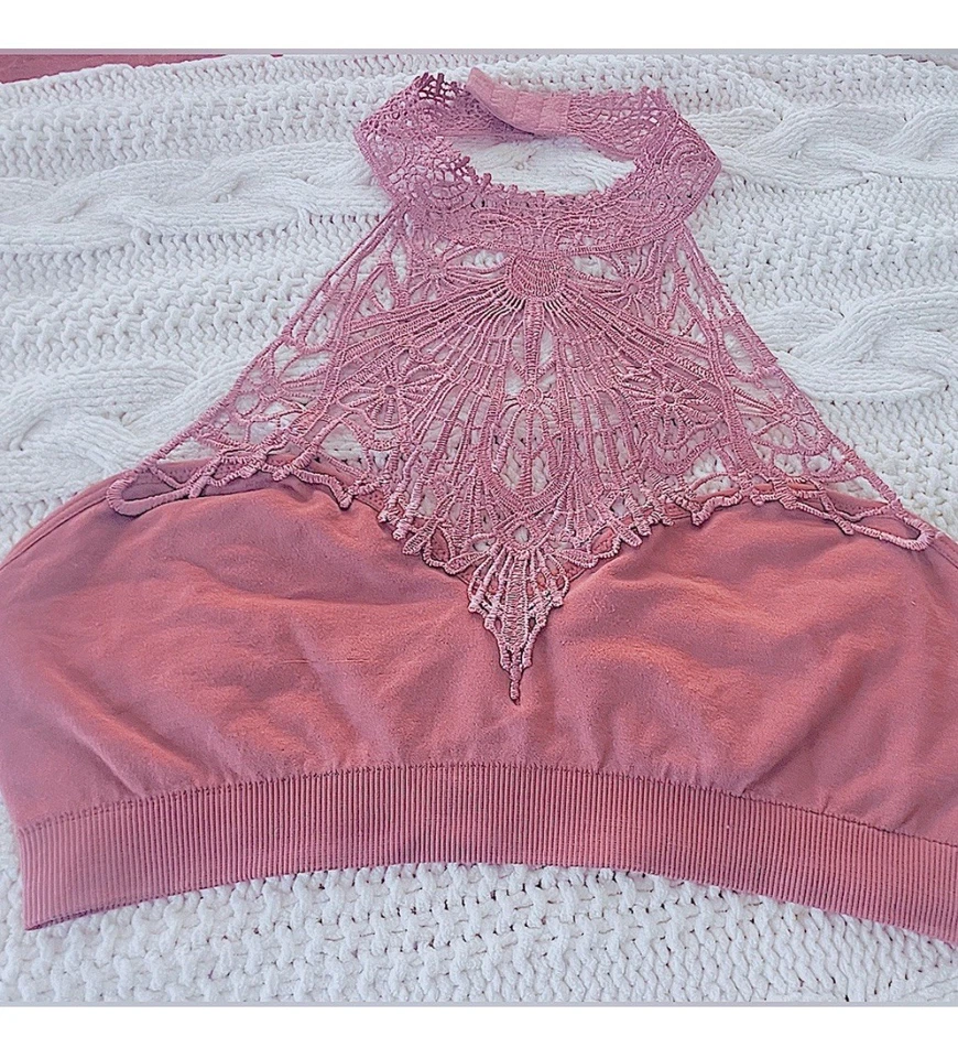 Sutiã feito à mão rosa crochê renda intrincada gola alta bralette algodão bandeau top - Imagem 3 de 4