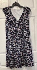 London Style Collection Floral V Neck Fit Flare Dress Size 12 Navy Pink Stretchy