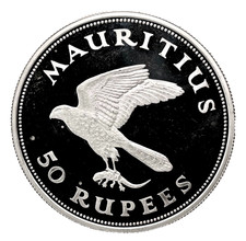 1975 Mauritius Silver Proof 50 Rupees - Kestrel Bird Coin KM #41a