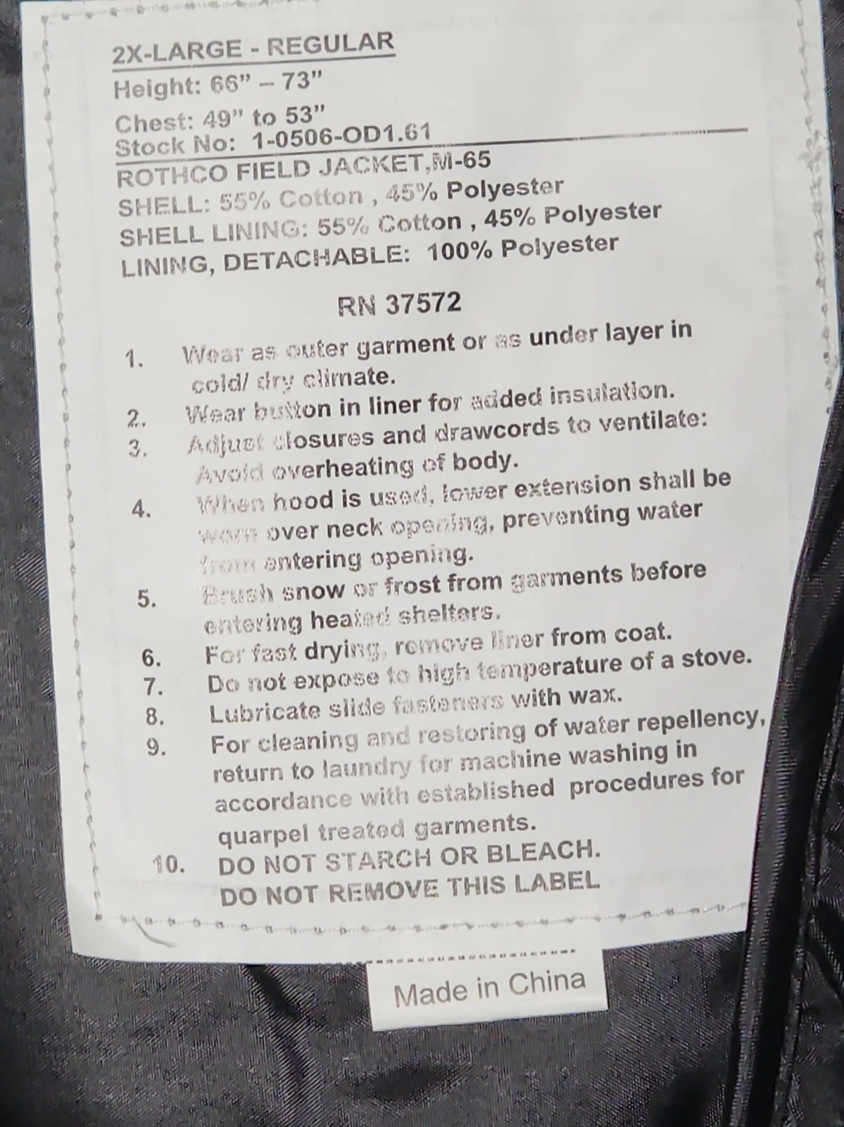 Rothco M-65 Field Jacket Bl;ack Mens 2XL Regular Quilted Liner Military... image 8