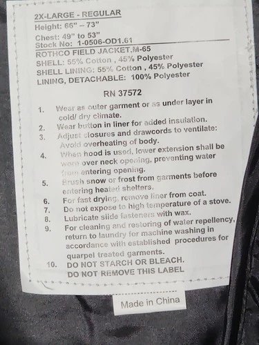 Rothco M-65 Field Jacket Bl;ack Mens 2XL Regular Quilted Liner Military... image 8