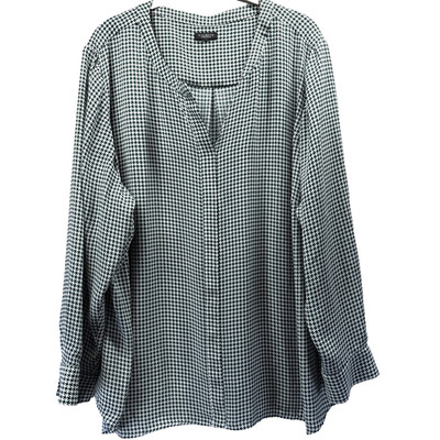 Talbots Women's Top Plus 3Xp Green White Houndstooth Long Sleeve Button Up Light