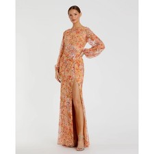 Mac Duggal Floral Sequin Apricot Long Puff Sleeve Slit Plus Sz 26 New